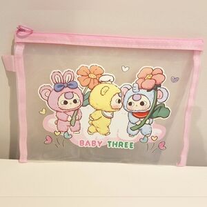 Baby Three Cute Mesh Zipper Organizer Stationery Travel Pouch With Hanging Loop